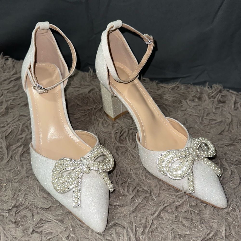 Sparkly White Ankle Strap Heels with Pearl Bow